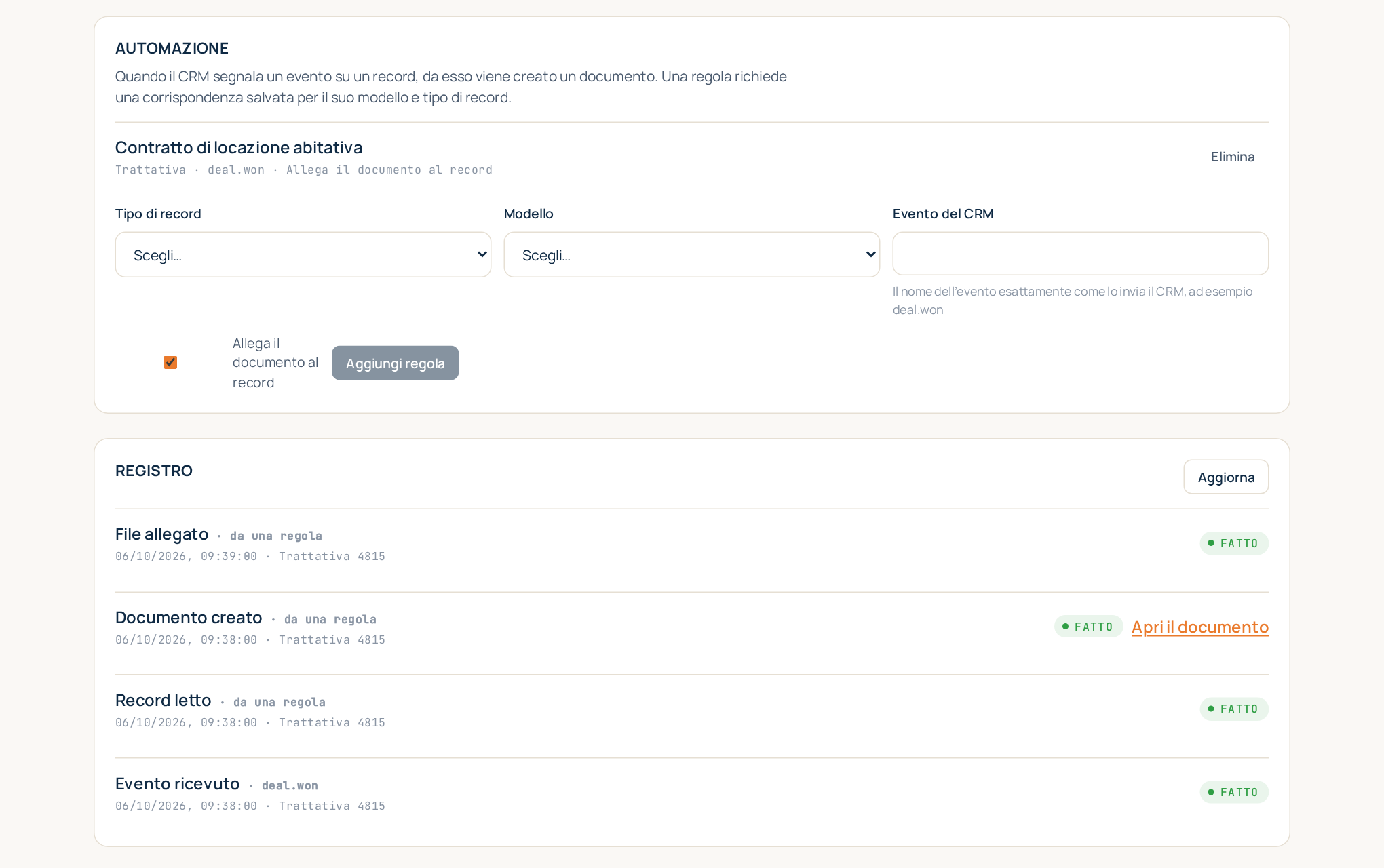 Una regola di automazione e il registro di ciò che ha fatto