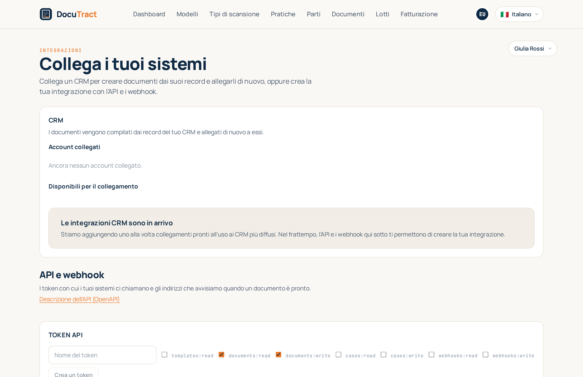 La schermata «Integrazioni»: prima la sezione CRM, sotto API e webhook