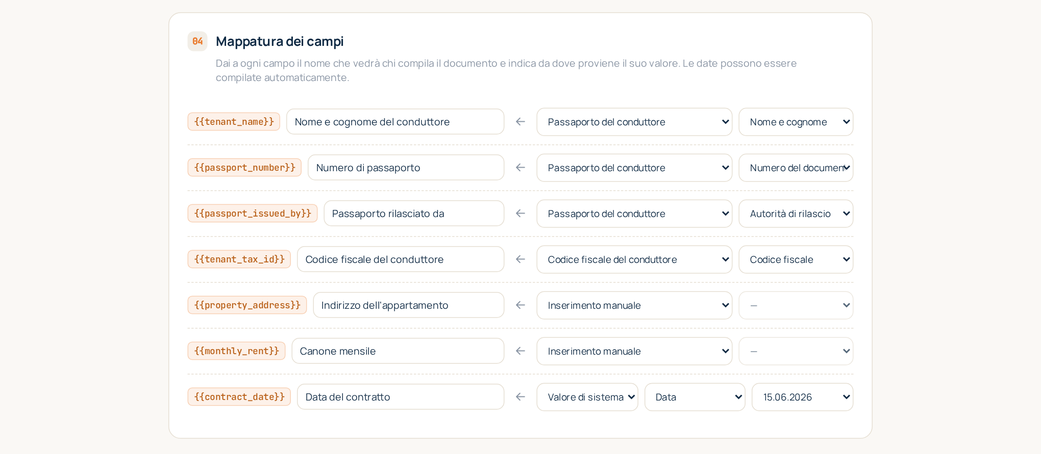 L'editor del modello: le scansioni richieste e la mappatura di ogni segnaposto alla sua fonte