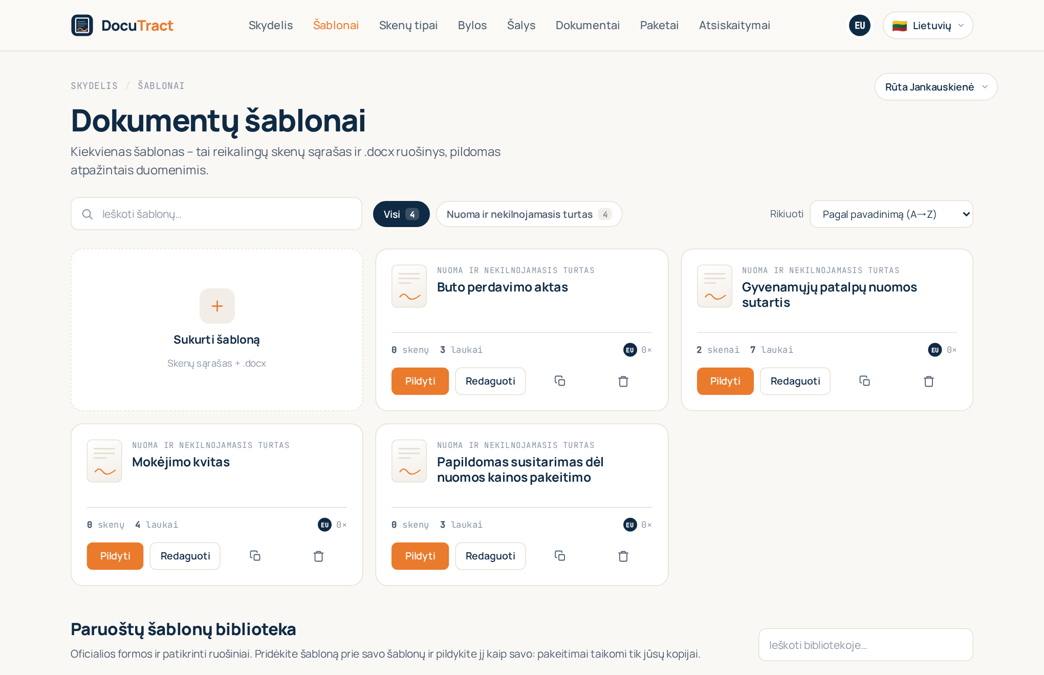 Šablonų katalogas su šablonų kortelėmis ir plytele „Sukurti šabloną“