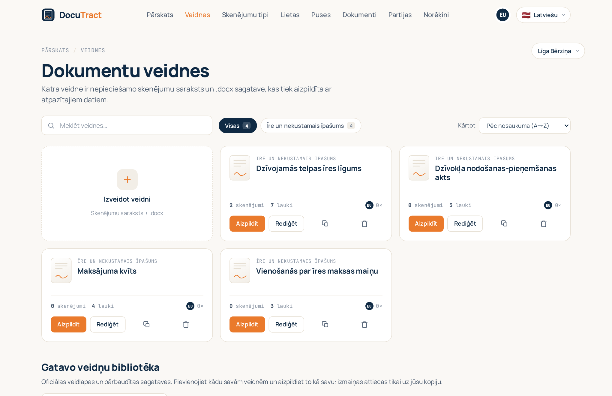 Veidņu katalogs ar veidņu kartītēm un flīzi «Izveidot veidni»