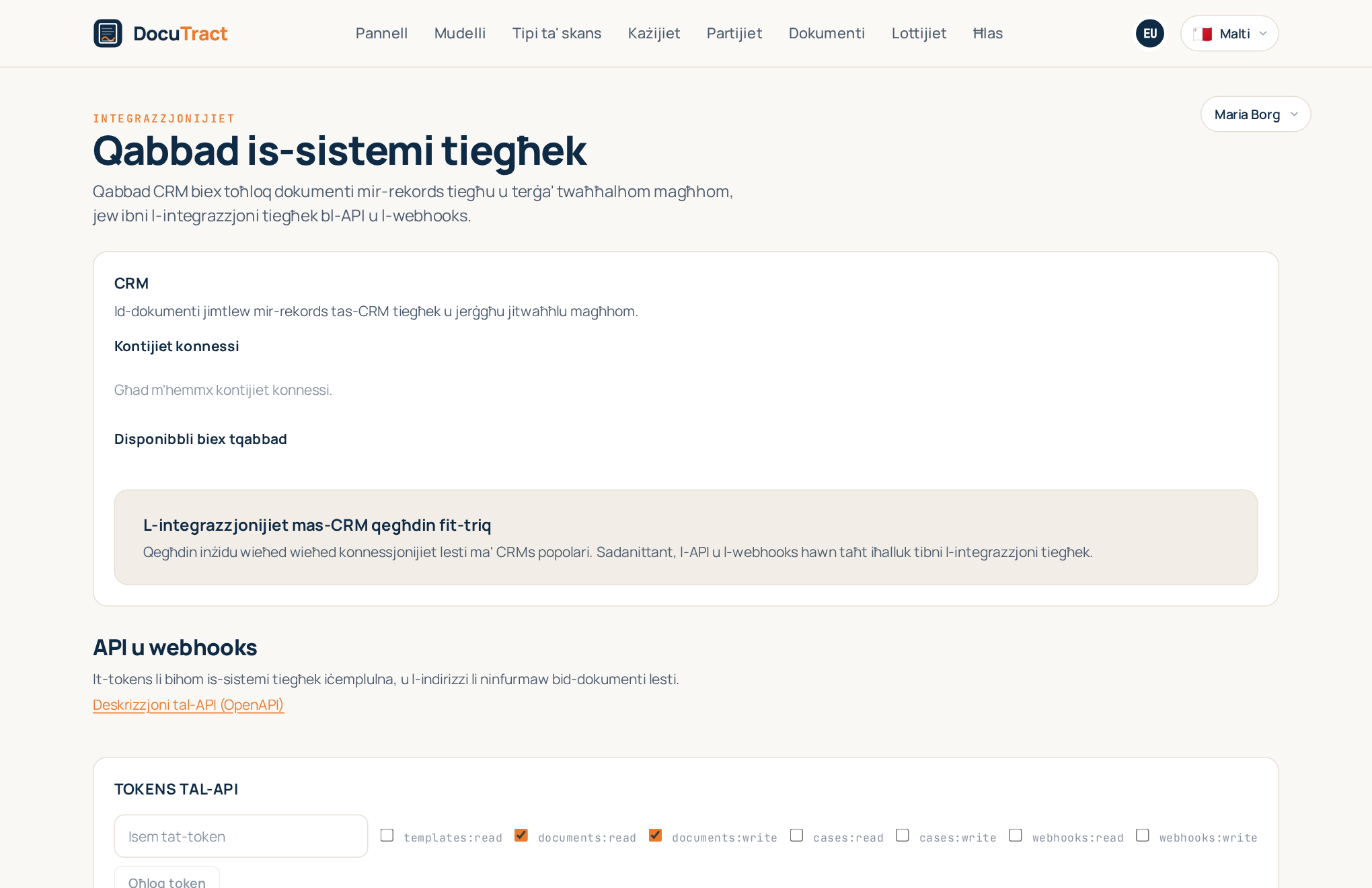 L-iskrin "Integrazzjonijiet": l-ewwel it-taqsima CRM, taħtha l-API u l-webhooks