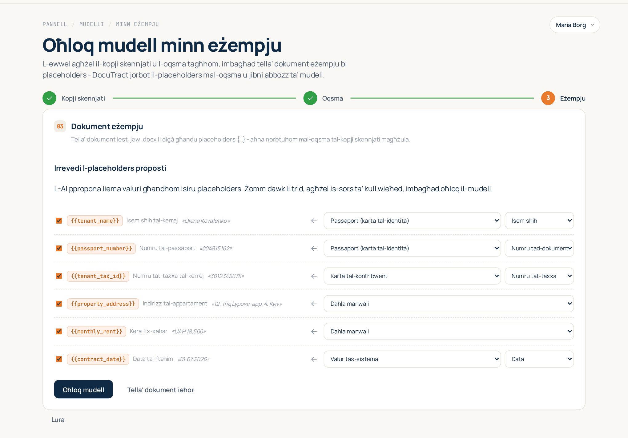 Il-wizard jirrevedi l-placeholders proposti, kull wieħed bis-sors tiegħu
