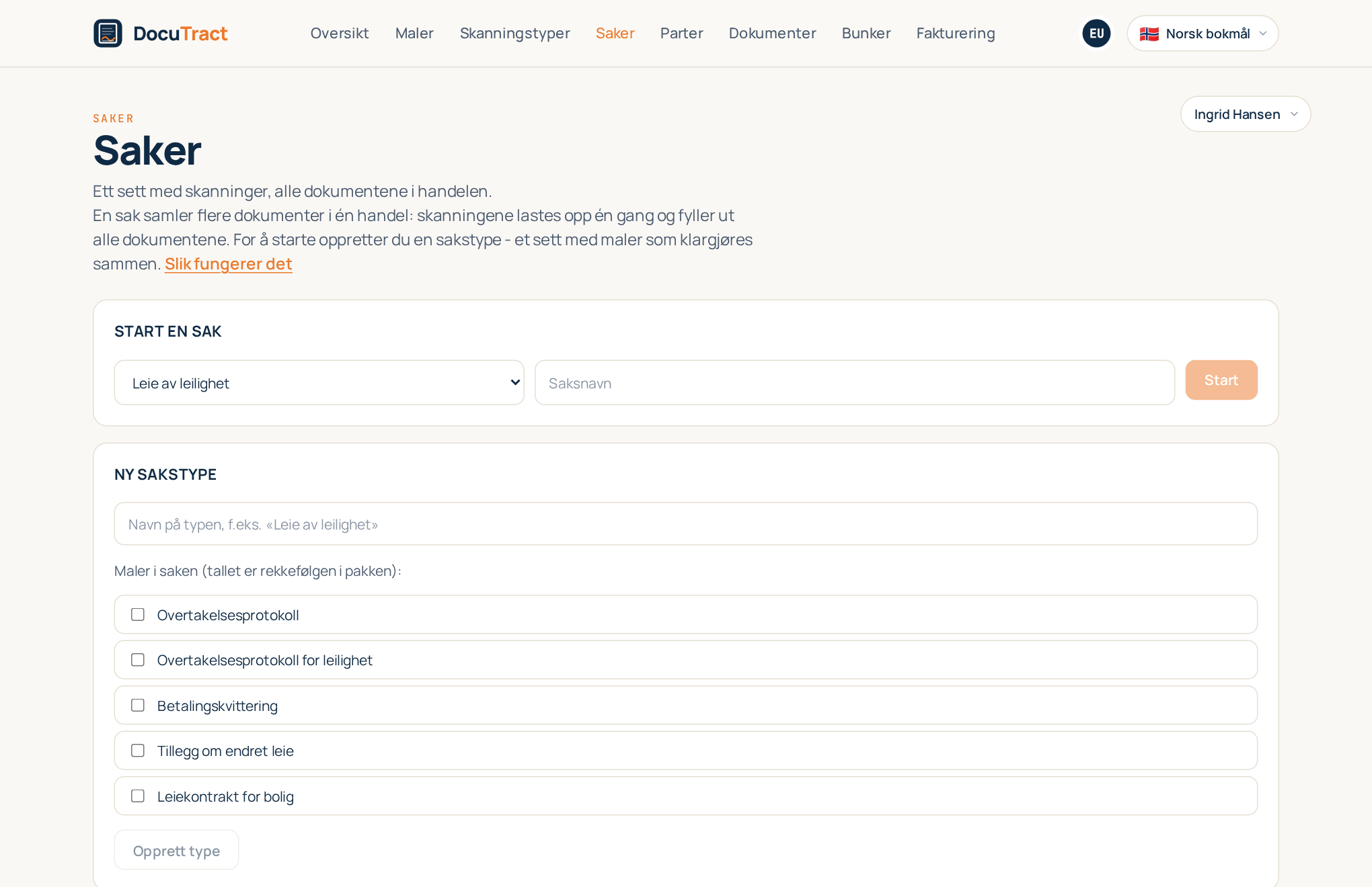 Listen over saker med type og fremdrift