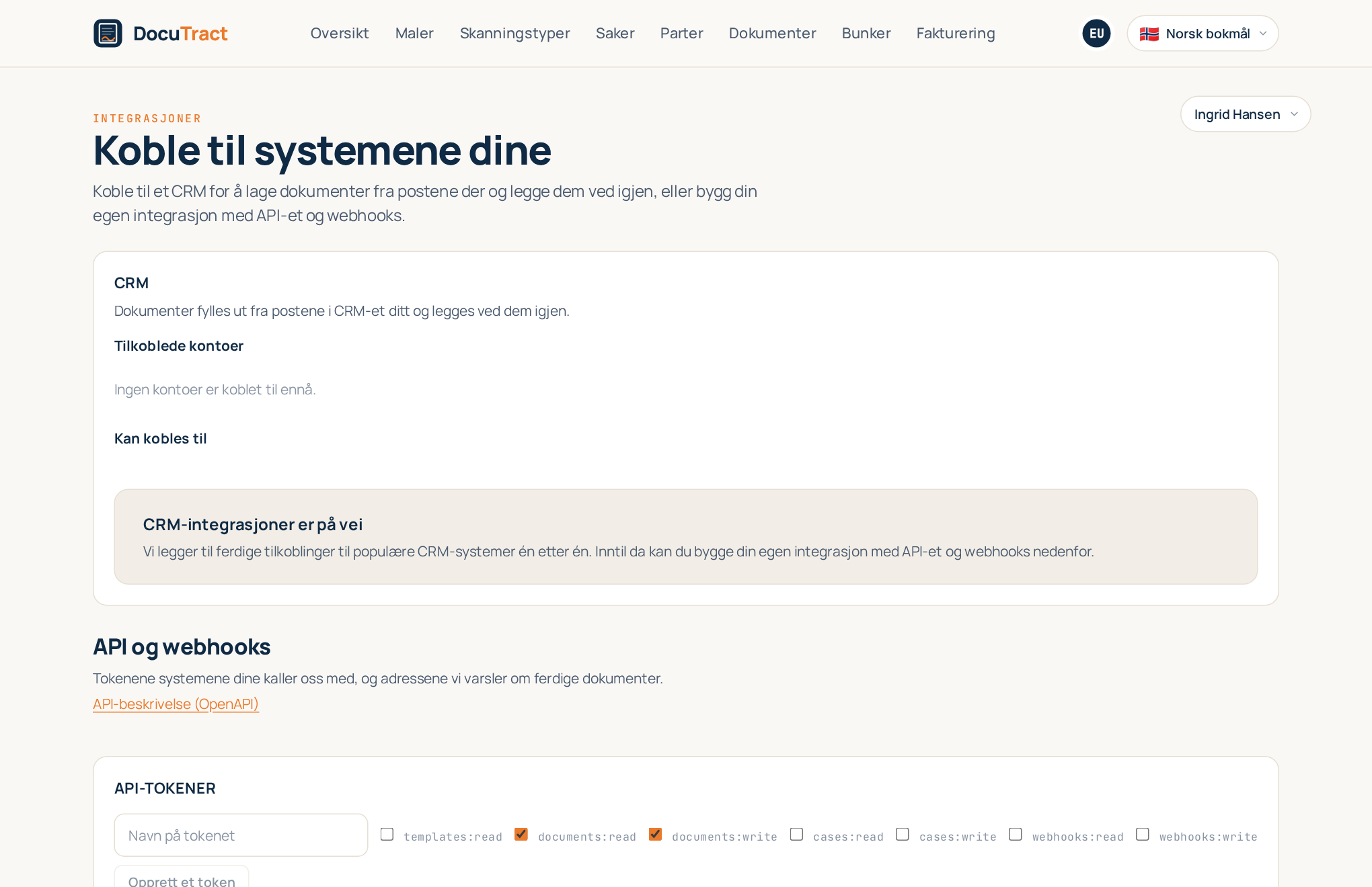Skjermen «Integrasjoner»: først CRM-delen, under den API og webhooks