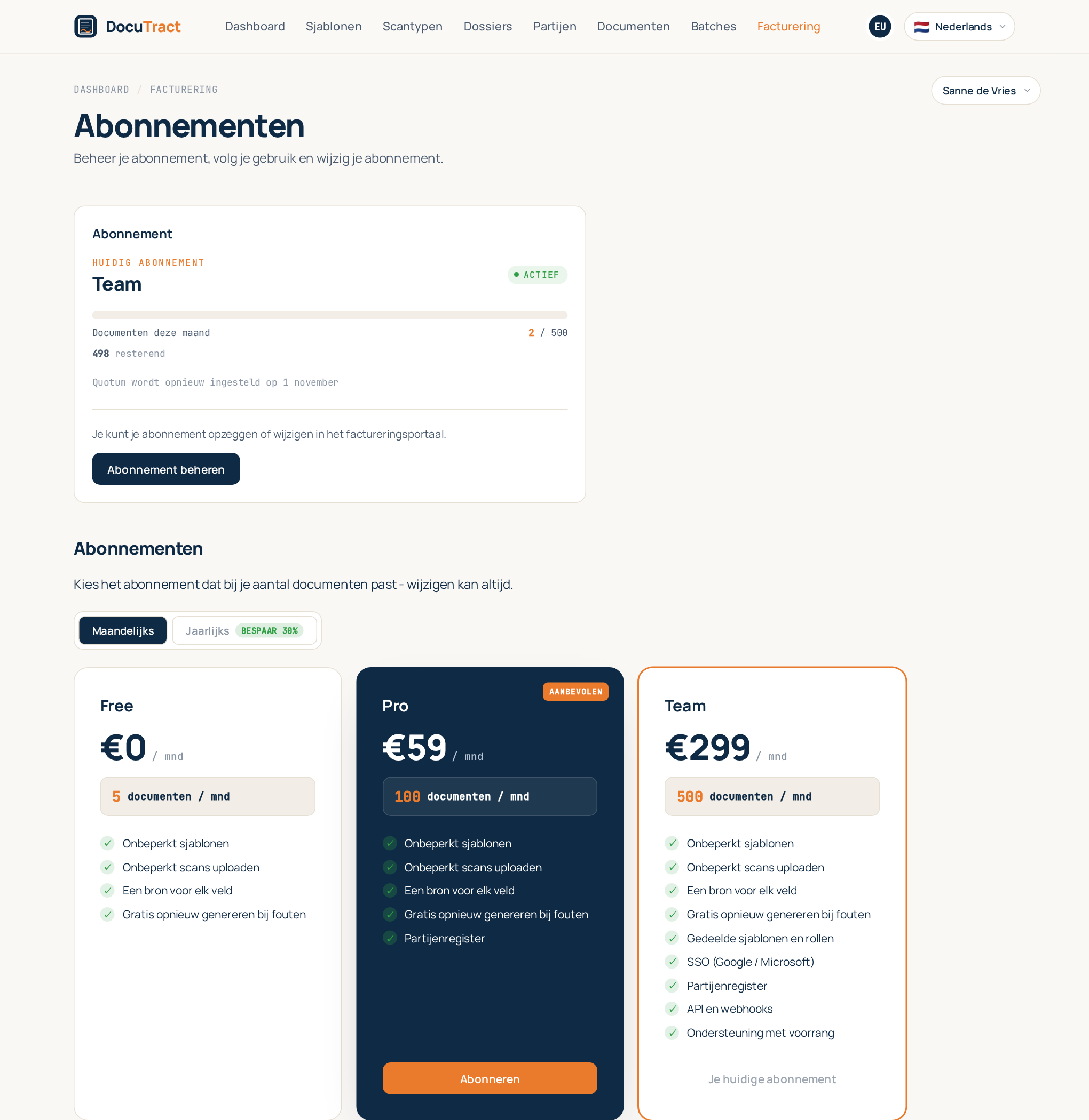 De factureringspagina: het huidige abonnement, het gebruik deze maand en de abonnementen om uit te kiezen