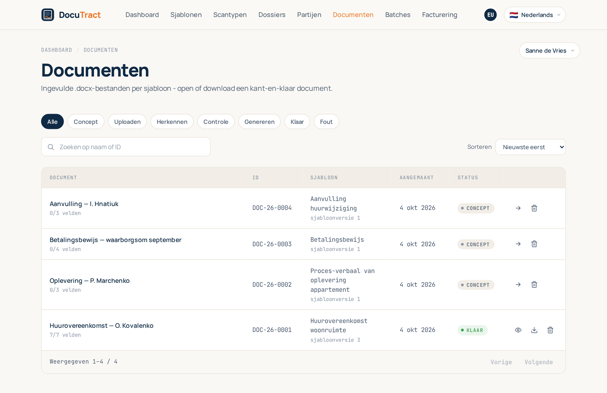 De documentenlijst: elk opgesteld document met sjabloon, datum en status