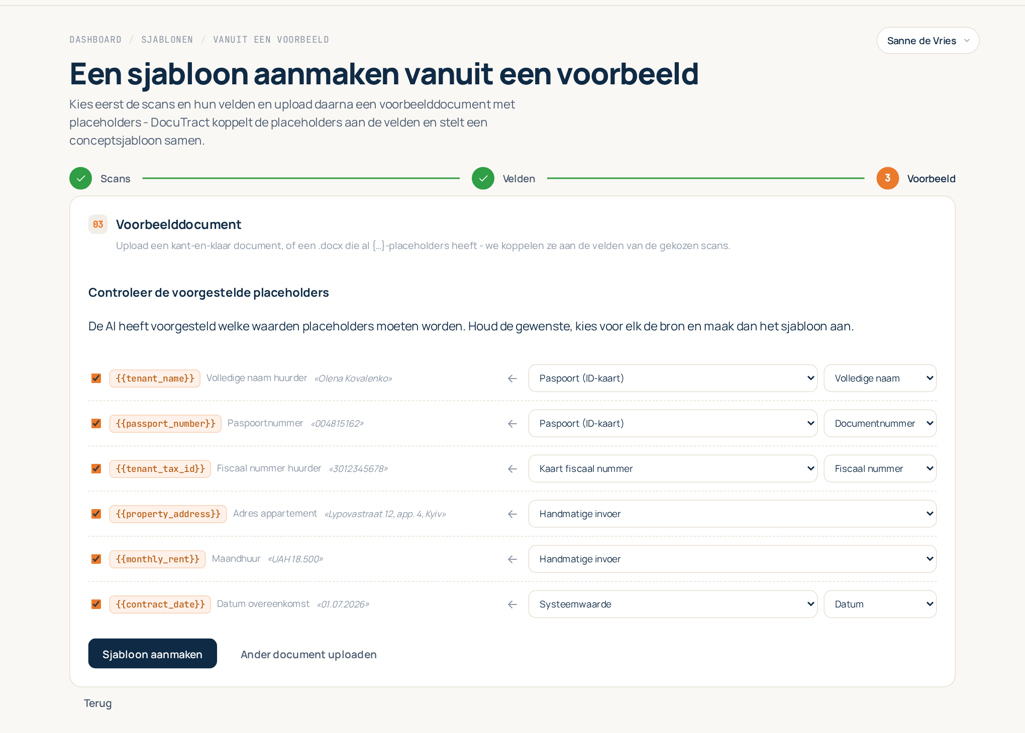 De wizard met de voorgestelde placeholders, elk met een bron