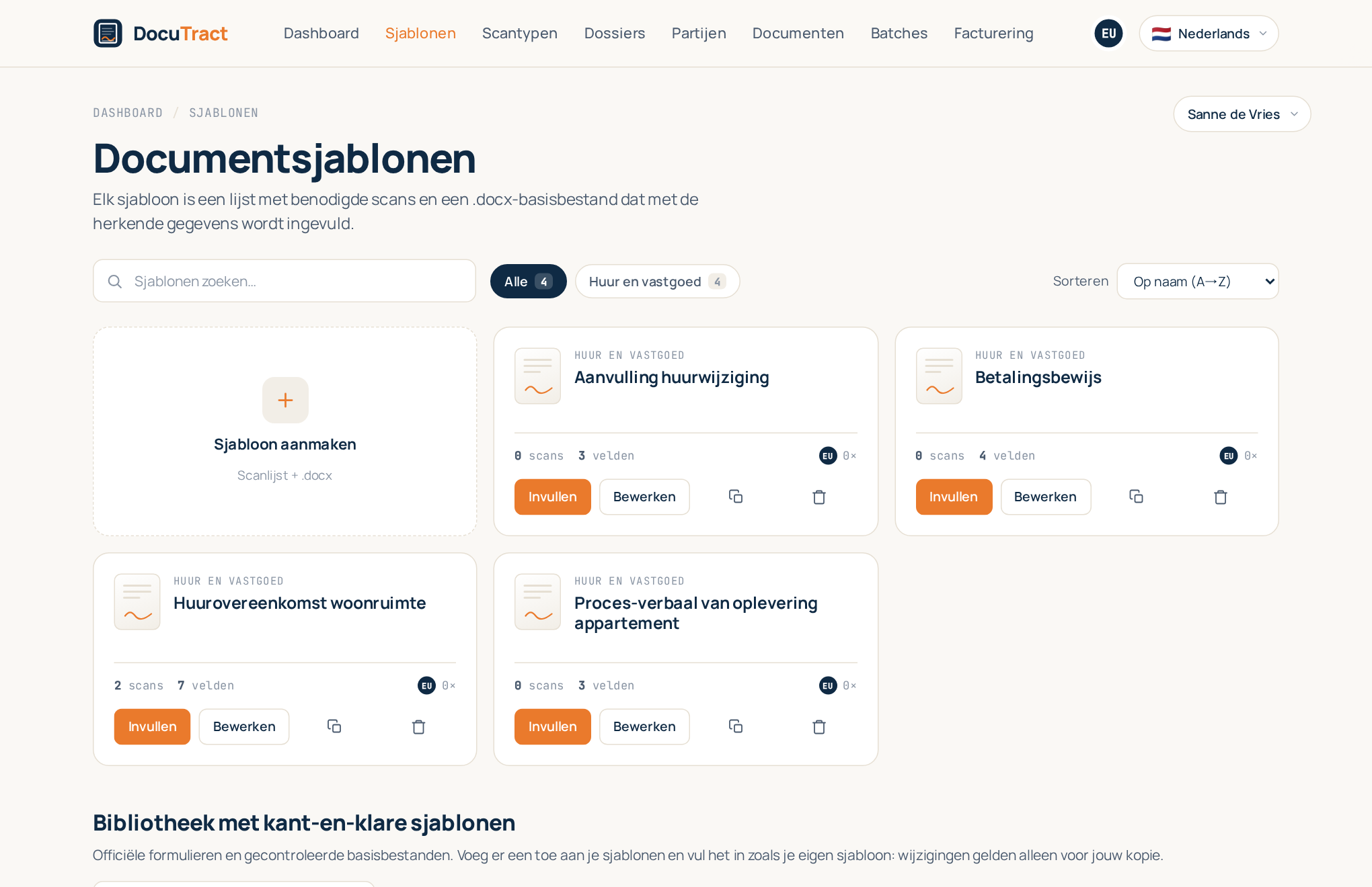 De sjablooncatalogus met de sjabloonkaarten en de tegel Sjabloon aanmaken