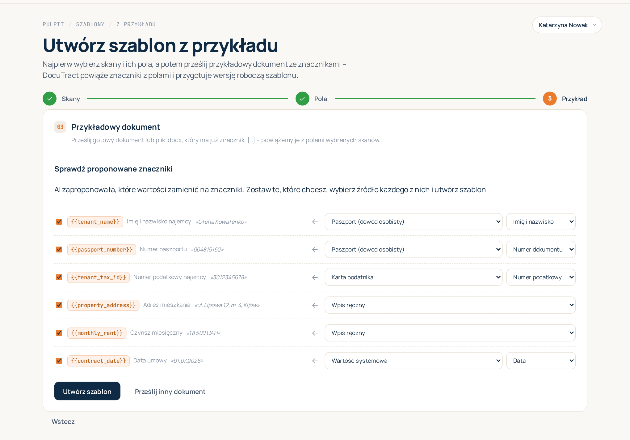 Kreator ze sprawdzaniem proponowanych znaczników, każdy ze swoim źródłem