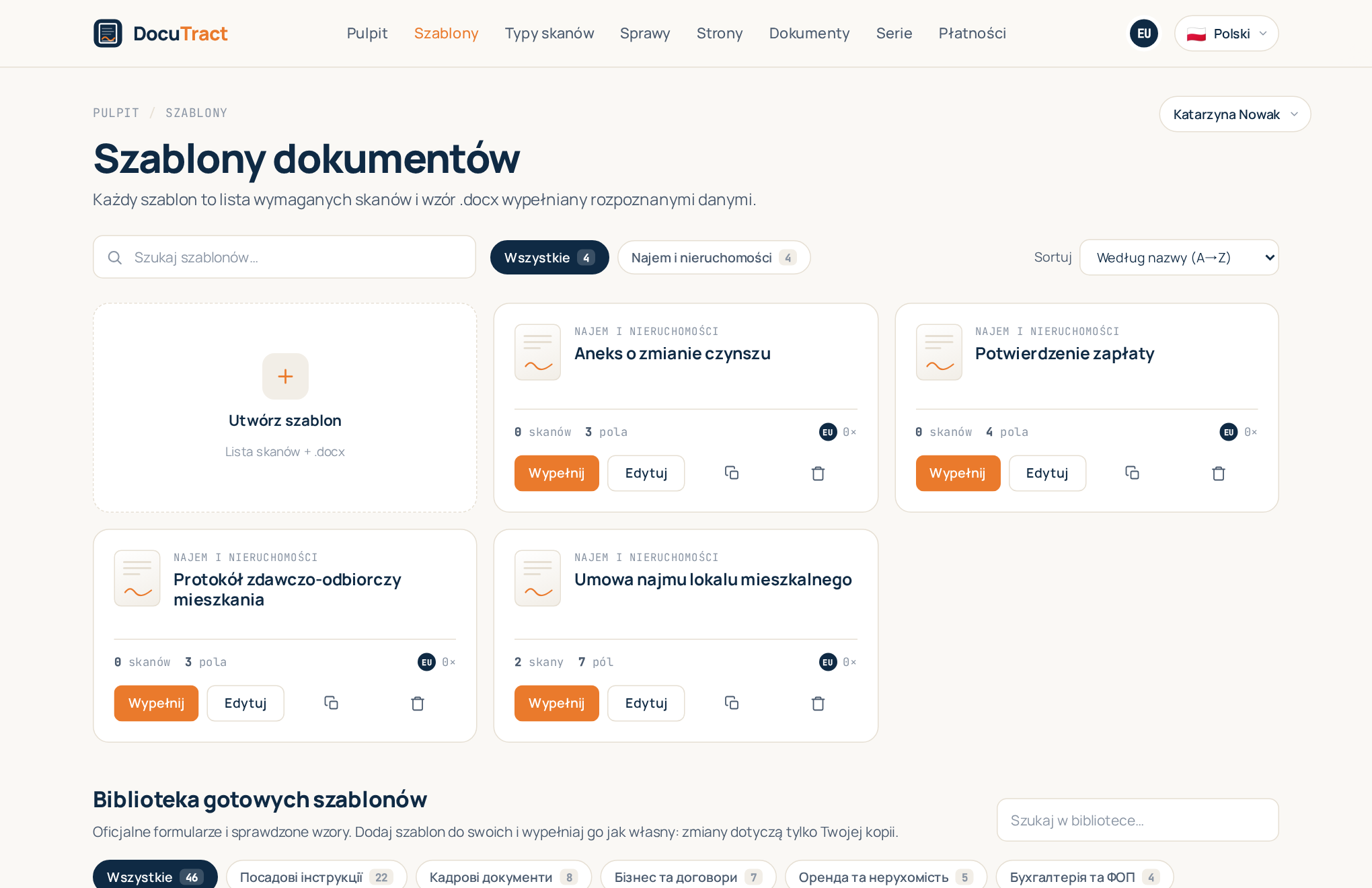 Katalog szablonów z kartami szablonów i kafelkiem Utwórz szablon