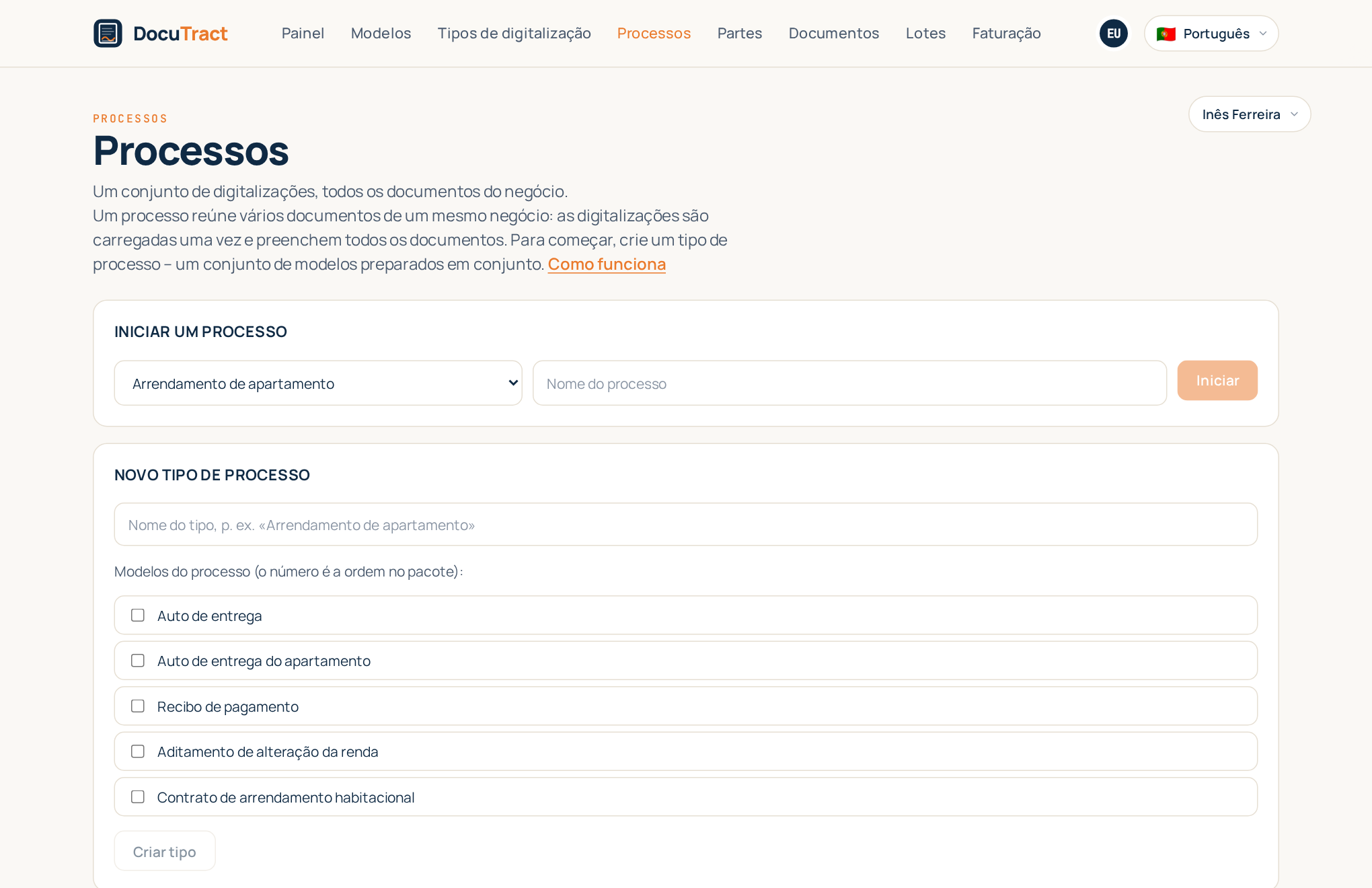 A lista de processos com o respetivo tipo e progresso