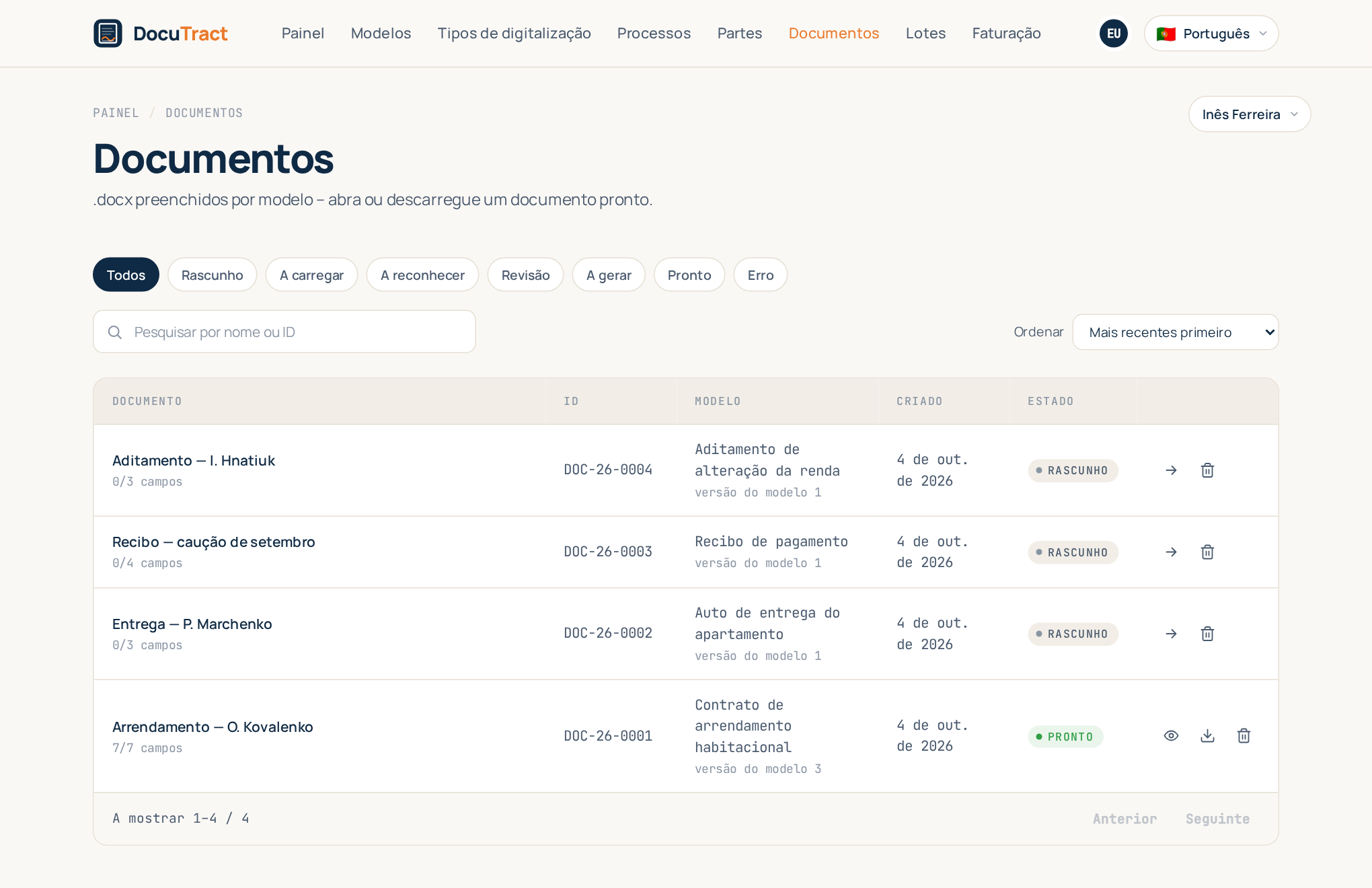 A lista de documentos: cada documento preparado com o seu modelo, data e estado