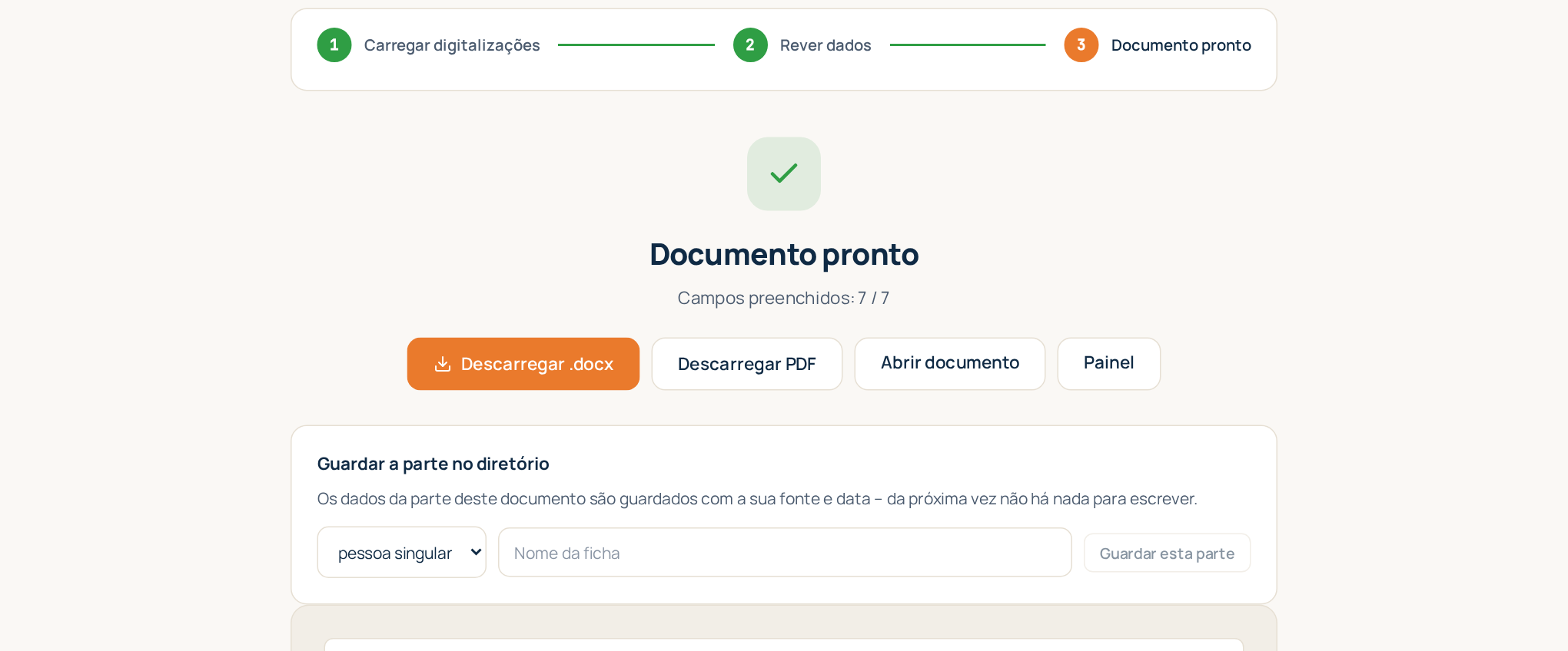 Passo 3: o documento final com a pré-visualização e os botões de descarregamento