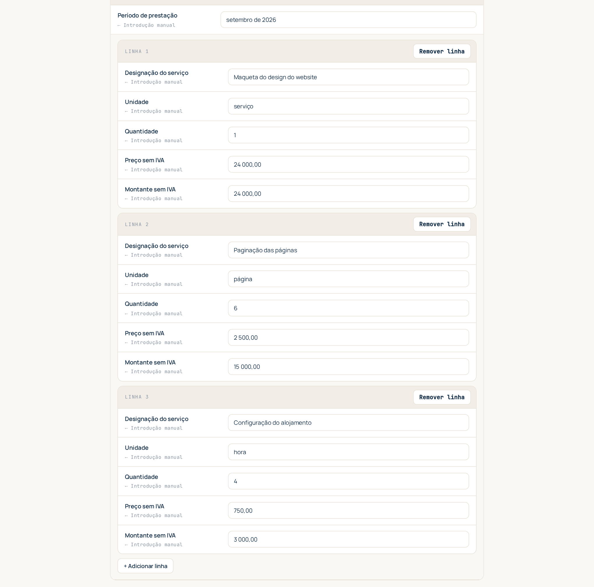 O passo de revisão de um auto: a lista de serviços, cada linha uma ficha, com Adicionar linha e Remover linha