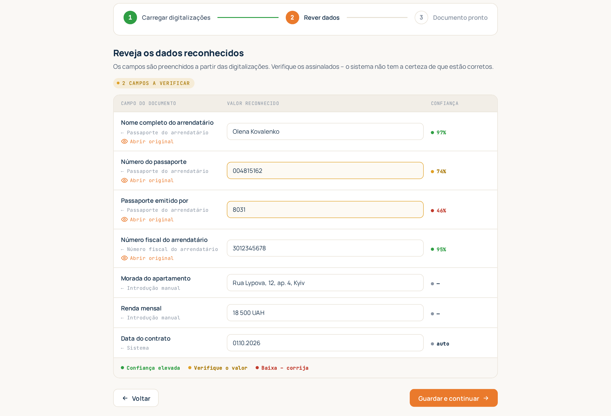 Passo 2: a tabela de revisão com as cores de confiança e o fragmento de origem
