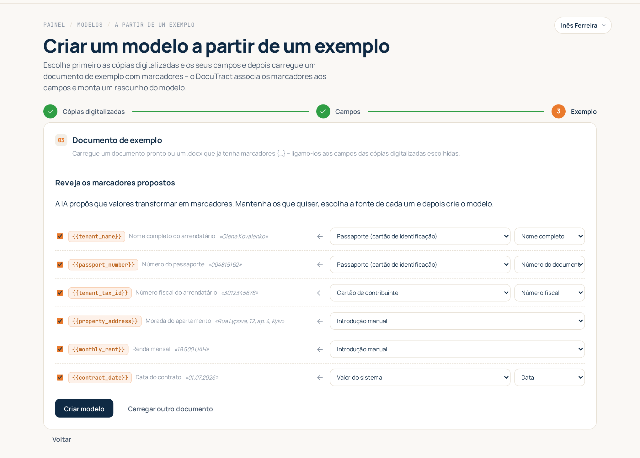 O assistente a rever os marcadores propostos, cada um com a sua origem