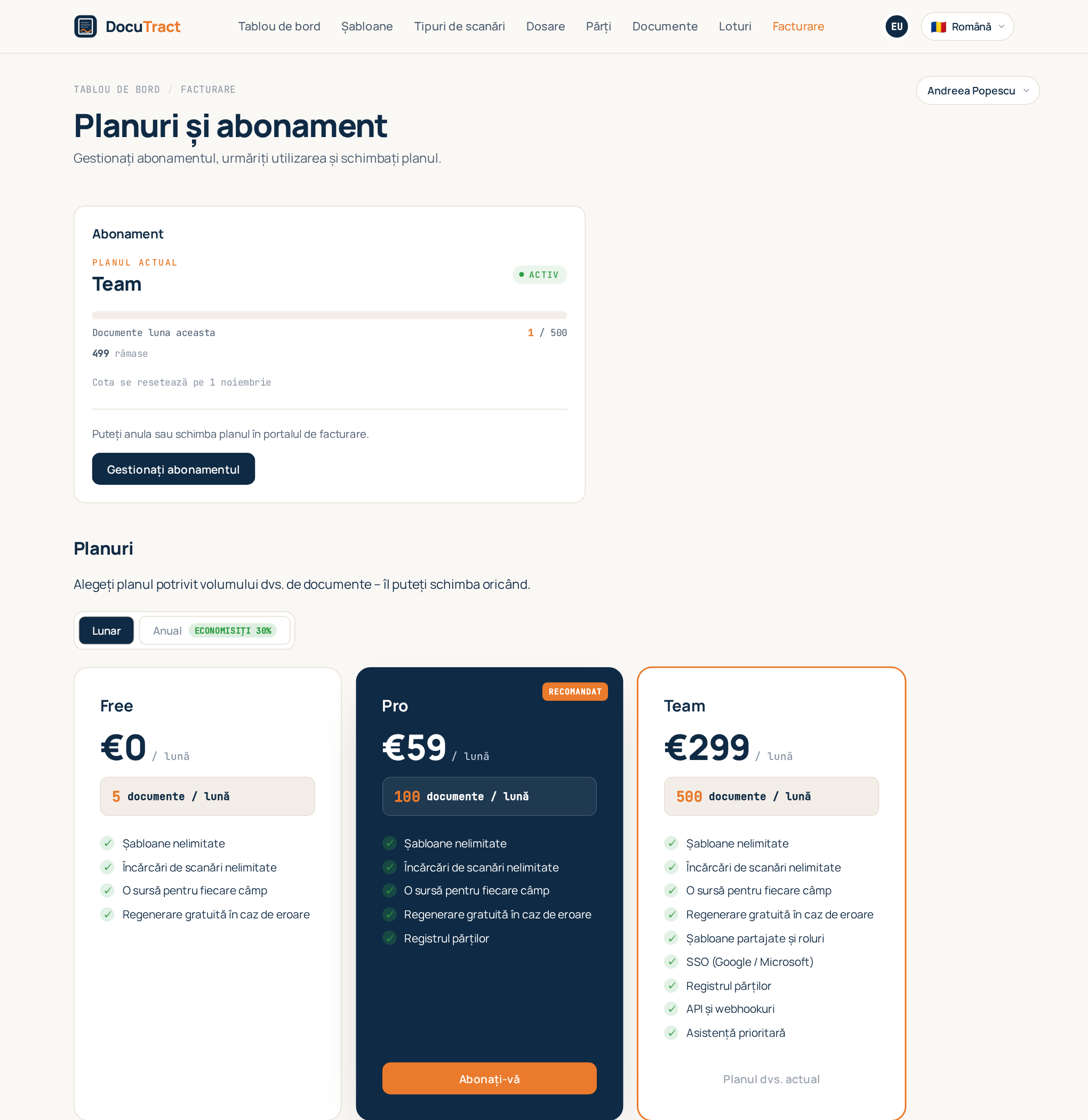 Pagina de facturare: planul actual, utilizarea din luna aceasta și planurile dintre care puteți alege