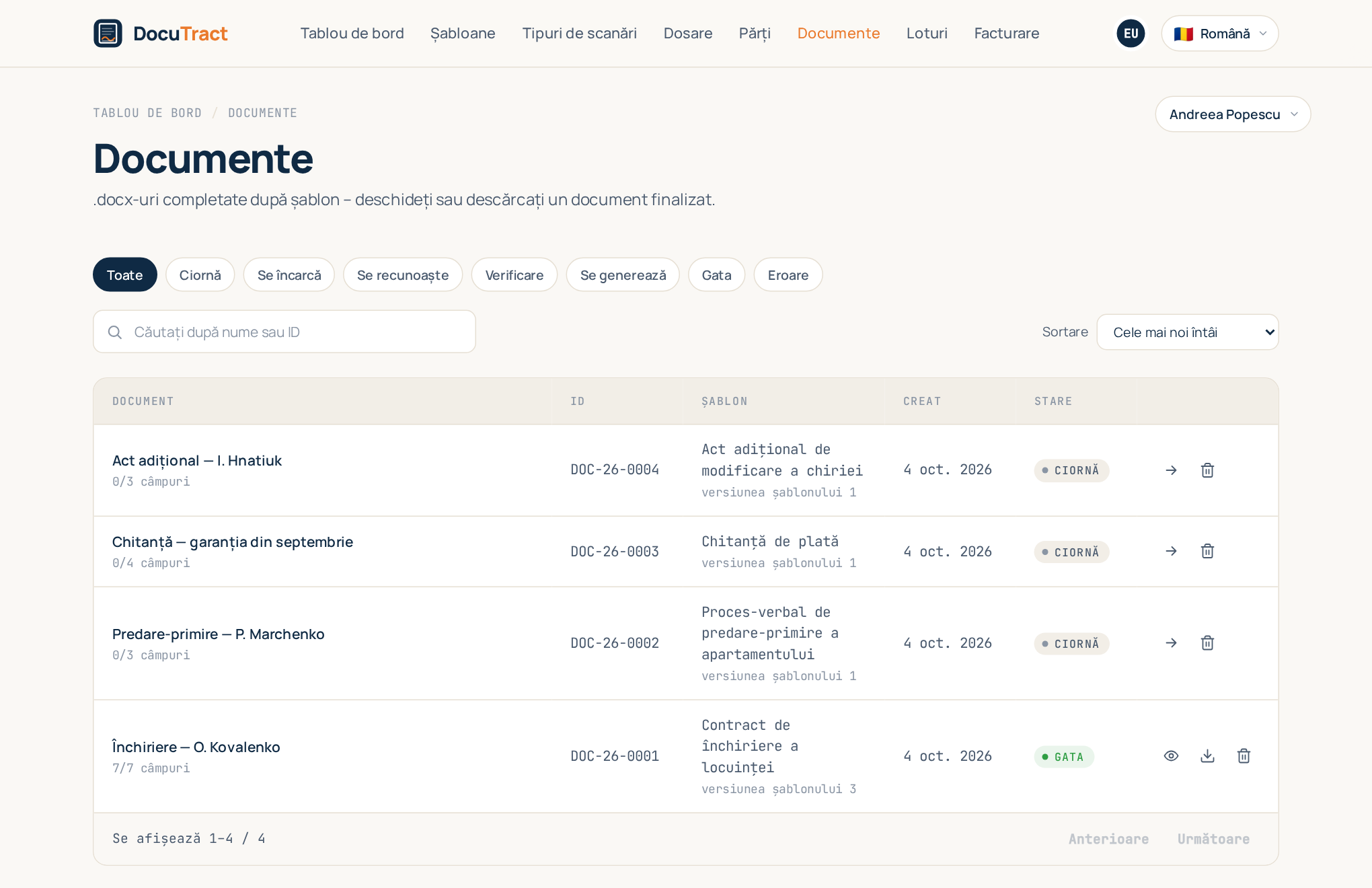 Lista documentelor: fiecare document pregătit, cu șablonul, data și starea lui