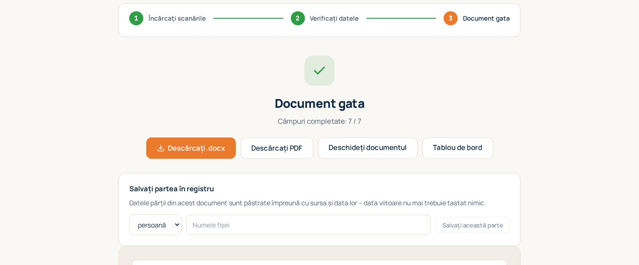 Pasul 3: documentul finalizat, cu previzualizarea și butoanele de descărcare