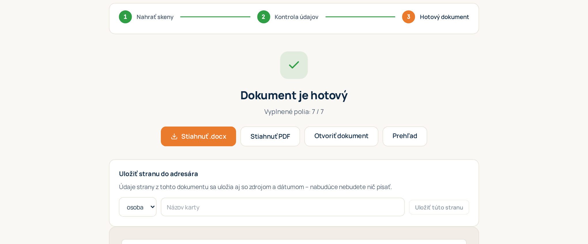 Krok 3: hotový dokument s náhľadom a tlačidlami na stiahnutie