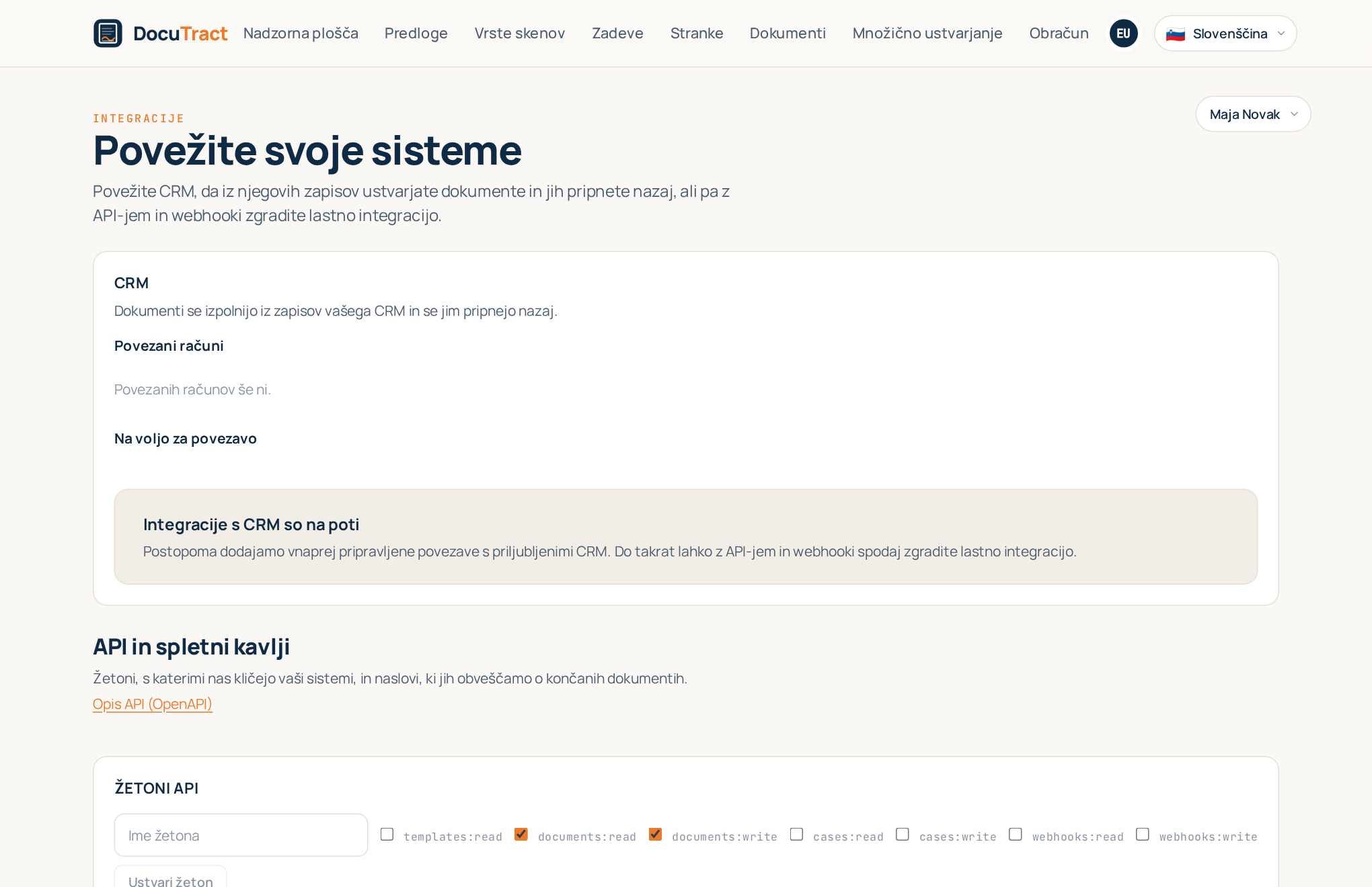 Zaslon »Integracije«: najprej razdelek CRM, pod njim API in spletni kavlji