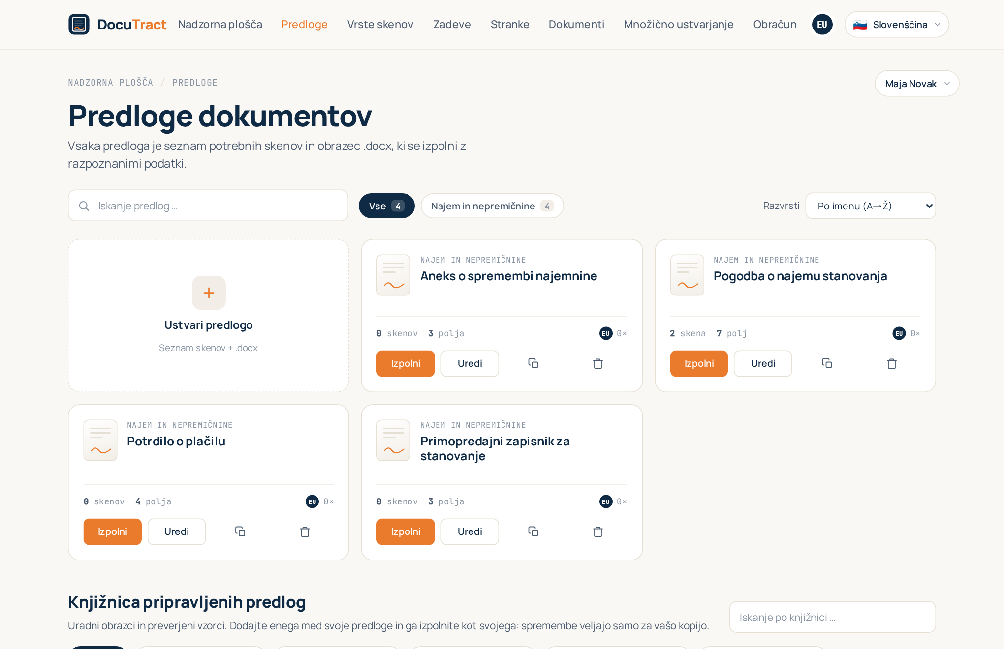 Katalog predlog s karticami predlog in ploščico Ustvari predlogo