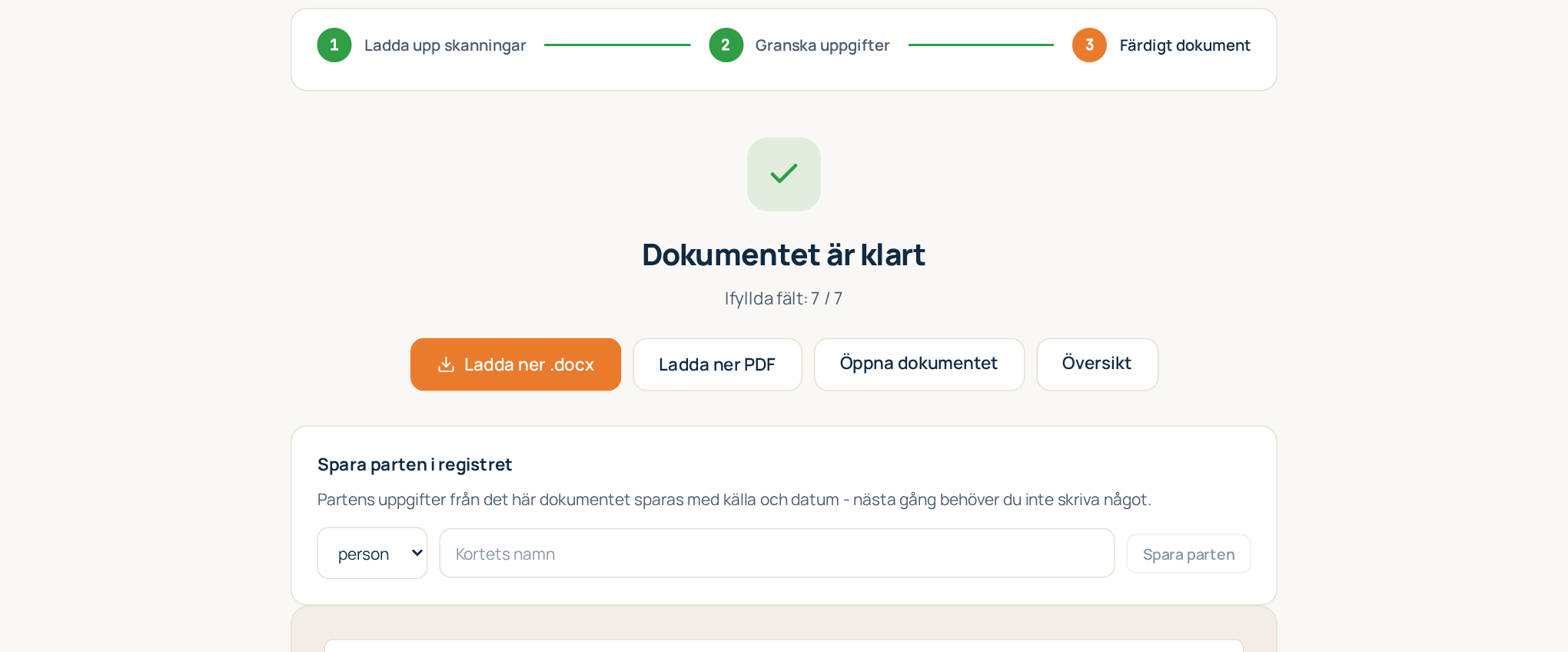 Steg 3: det färdiga dokumentet med förhandsvisning och nedladdningsknappar