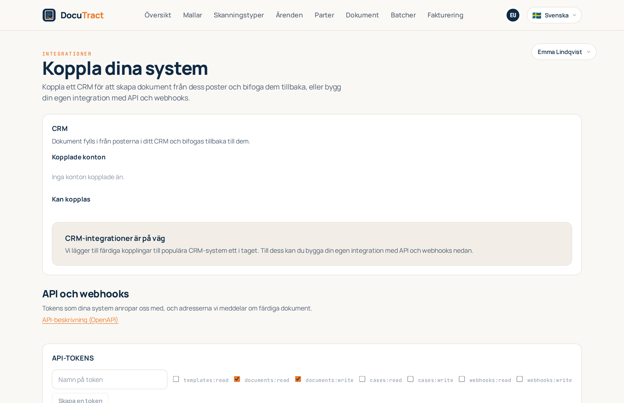 Skärmen ”Integrationer”: först CRM-delen, under den API och webhooks