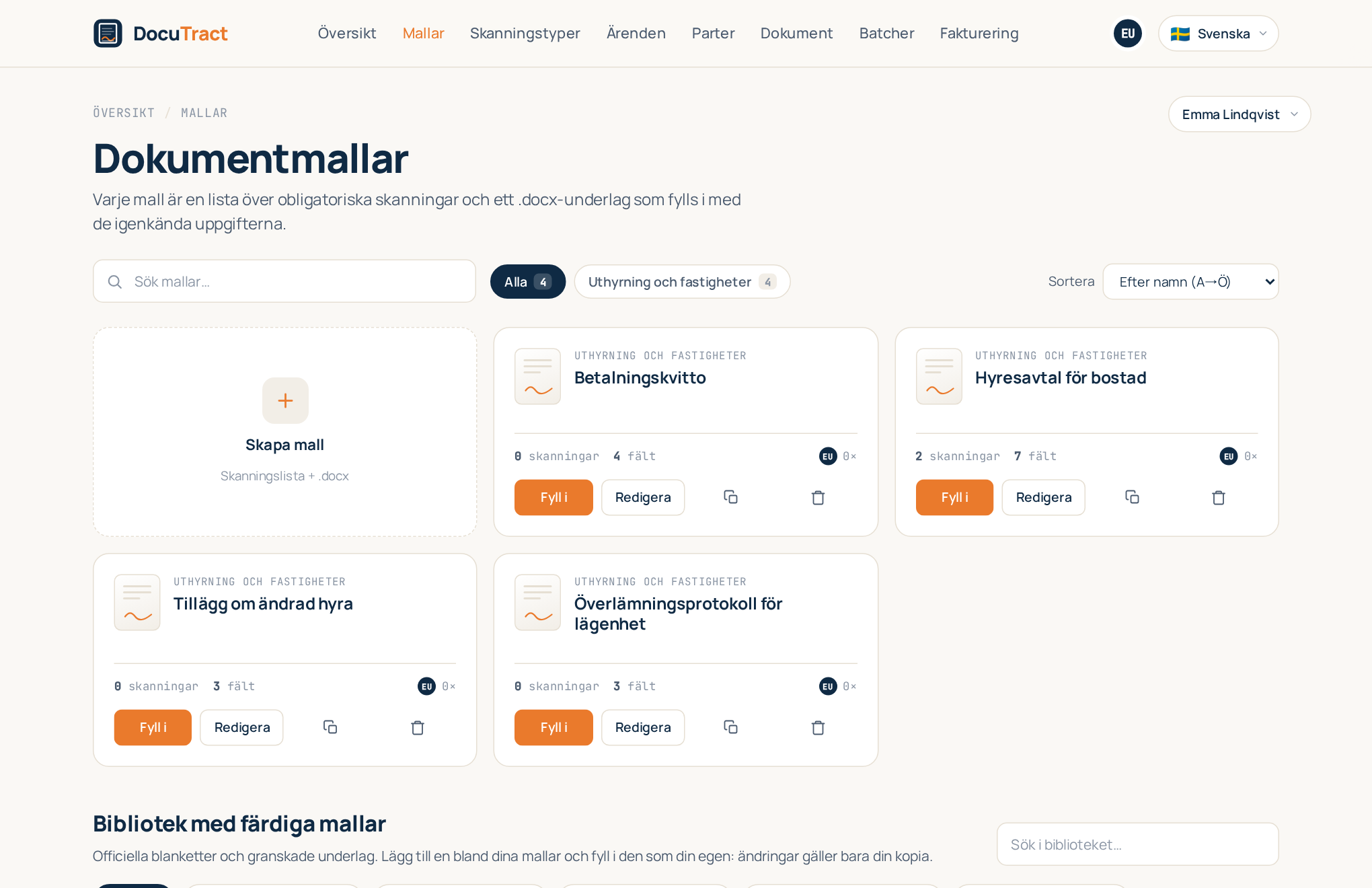 Mallkatalogen med mallkorten och rutan Skapa mall
